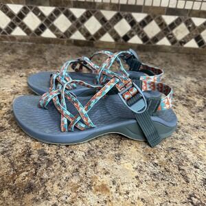Chaco Sandals Women's Size 8 Gray Base with Blue Orange Adjustable Straps Hiking